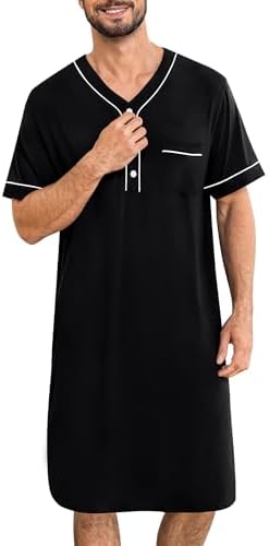 SWOMOG Mens Nightgown Short Sleeve Lounge, Sleep Henley Shirt Paj...