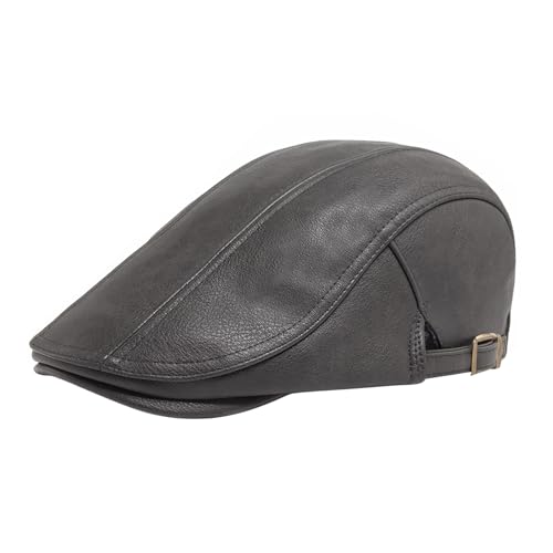 YAMEIZE Casquette Plate en Cuir de Style Rétro d'hiver - pour Hommes Femmes Chapeau Gavroche Cabbie Ivy Béret en Cuir PU Plate Peaky Conduite (FR/ES, Alpha/Lettres, Taille Unique, Gris Foncé)