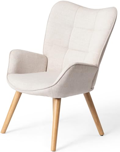 FurnitureR Upholstered Tufted Wingback Chair, Fabric Living Room Leisure Chair Comfortable Stylish with Solid Wood Legs, Accent Armchairs High Back Ergonomic for Bedroom/Lounge, Beige/Oak