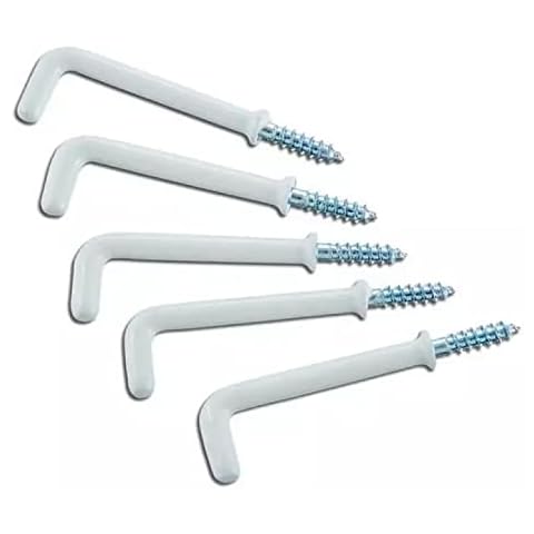 DIY Hardware Pack of 6 x Screw-in Shouldered Square Elbowed Dresser Cup Hooks, White Plastic Coated 32mm - Perfect for Hanging Party Celebration Light Strings Cover