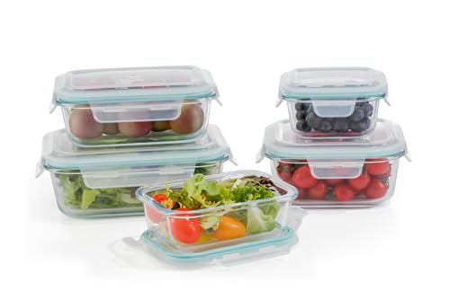 Glass Food Storage Containers for Meal Prep and Leftovers - 10-Piece Set, Airtight Lids, BPA-Free - Microwave, Oven, Freezer, Dishwasher Safe