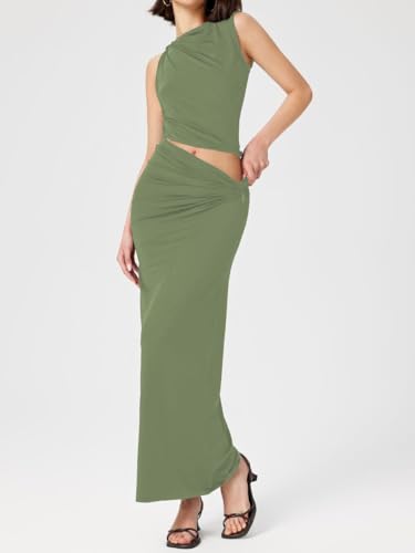 Women's Casual Ribbed Knit Two-Piece Set Crew Neck Short Sleeve Top Draped Ruched Midi Skirt Green XL3