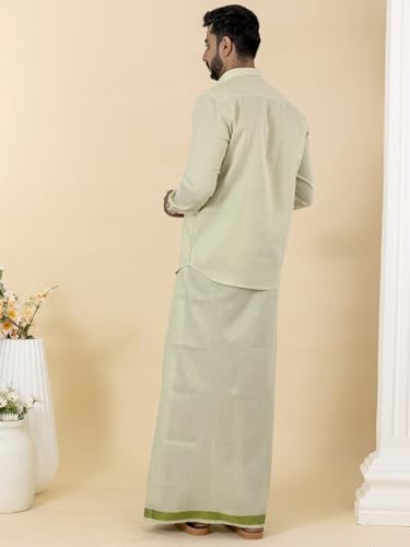 Image of RAMRAJ COTTON Men Gold Tissue Jacquard Full Sleeves Shirt with Matching Dhoti Set