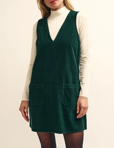 Hooever Women Corduroy Overall Dress V Neck A Line Skirtall Jumper Mini Dress Pinafore with Pockets2