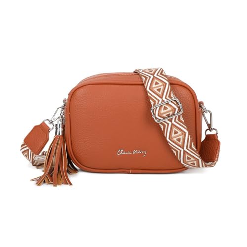 Bolso bandolera mujer pequeño de cuero PU dos compartimentos y dos bandoleras, bolso mensajero para cruzar polipiel regalo original para mujer (Marrón)