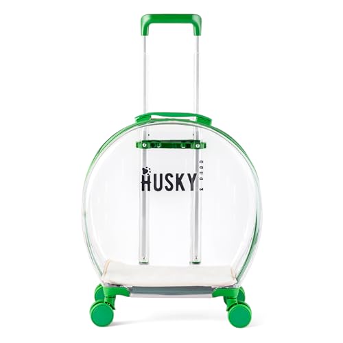Image of Husky & Purr PopGo Pet Carrier with Wheels for Cats & Small Dogs | Transparent Cat Bag Carrier Trolley with Telescopic Handle | Dog Carrying Bag, Up to 8kgs, Green