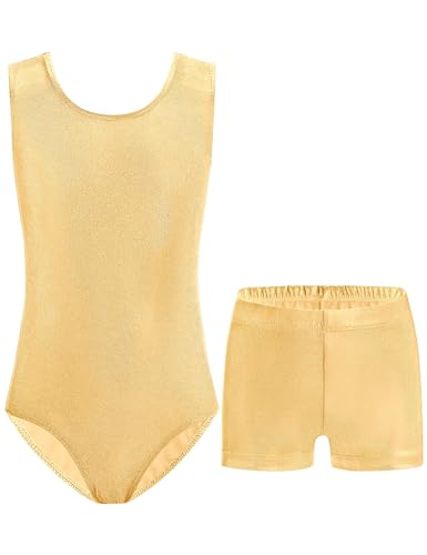 Nymphperi Girls Gymnastics Leotard 2 Piece Set Shiny Gold Sparkly Dance Athletic Biketard 83 Polyester 17 Spandex Tank Sleeveless With Breathable Shorts 4-5 6-7 8-9 10-12 Years Old