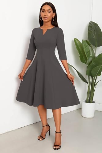 Image of Nmoder Midi Dresses for Women A-Line Fit and Flare Dress 3 /4 Sleeve V Neck Cocktail Wedding Guest Work Dress with Pockets