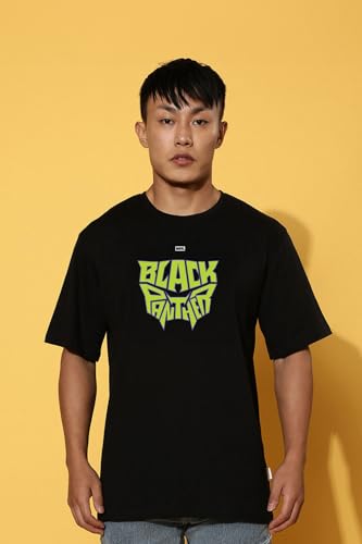Image of Veirdo Pure Cotton Oversized Loose Fit Official Marvel Merchandise Cool & Marvelous Graphic Printed Drop Shoulder T-Shirt for Men (Characters: Black Panther, Mystrio & Captain America)