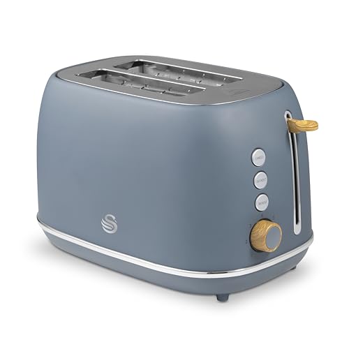 Swan Fjord 2 Slice Toaster with 7 Browning Levels for Toast, Bagels, Breakfast Muffins, Defrost/Reheat/Cancel, Removable Crumb Tray, Non-Slip Feet, 800W, Grey with Wooden Accents, ST19030GRY
