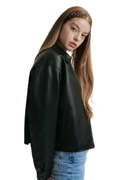 clwn Women's Black Faux Leather Bomber Jacket With Front Zip Closure For Casual Or Semi Formal Look-picture-31