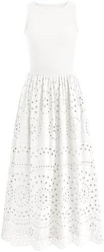 dowerme Women Summer Dresses 2025 Casual Sleeveless Crewneck A-Line Boho Lace Eyelet Cotton Tank Maxi Dress with Pockets