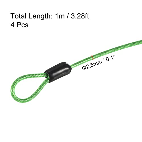 PATIKIL Security Steel Cable 2.5mm x 1m/3.28ft Coated Luggage Lock Wire Rope with Double Loop Green 4 Pack - Image 2
