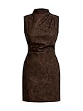 RoseSeek Women's PU Leather Ruched Bodycon Dresses Mock Neck Sleeveless Zipper Mini Tank Dress Coffee Brown Small