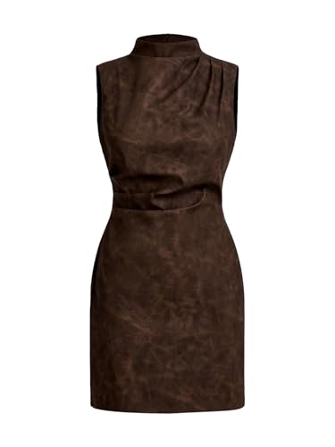 RoseSeek Women's PU Leather Ruched Bodycon Dresses Mock Neck Sleeveless Zipper Mini Tank Dress Coffee Brown Small