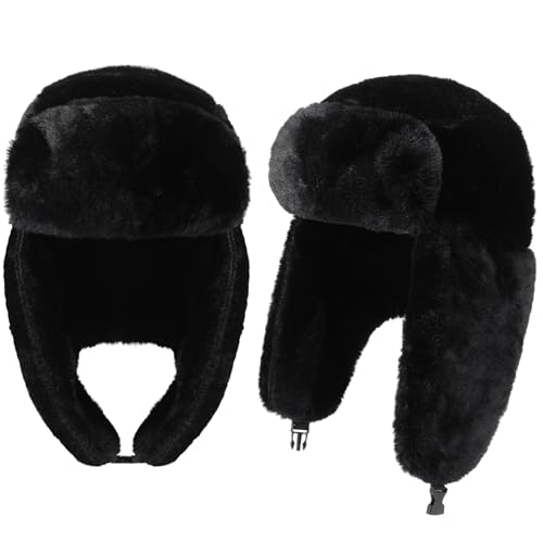 Twistover 2 piezas de sombrero de trampero Y2K sombreros Ushanka ruso cálido gorro esponjoso a prueba de viento sombrero de invierno para hombres mujeres esquí caza, Negro -, talla única