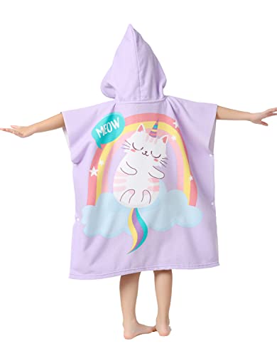 Image of Kid Girls Hooded Towel for Bath Beach, Toddlers Poncho Cover-ups Pool Swimwear, Cat Theme with Portable Bag