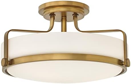 Hinkley Harper Medium Semi-Flush Mount Ceiling Light, Sleek, Retro Style, Etched Opal Glass, Heritage Brass Finish