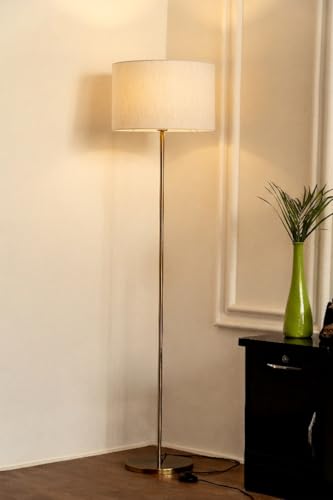 Image of Divine Trends Floor Lamp Standing Antique Brass Finish 5Ft Height with 14 Inches Drum Shade Off White for Living Room Corner, Home, Hotel, Office Pack of 1 - Led Bulb Included