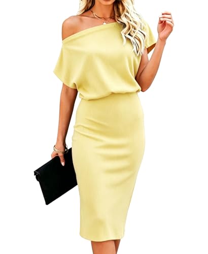 Image of EZBELLE Women's Summer Dress Off The Shoulder Short Sleeve Ribbed Casual Party Bodycon Midi Dresses