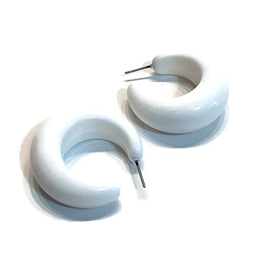 White Chunky Big Lucille Vintage Lucite Hoop Earrings 1.5 Inch