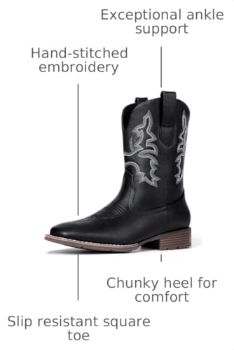 Image of Suokdil Cowboy Boots for Men - Men's Western Boots with Embroidery, Slip Resistant Square Toe Chunky Heel, Durable and Fashionable Retro Classic Footwear for Spring and Fall
