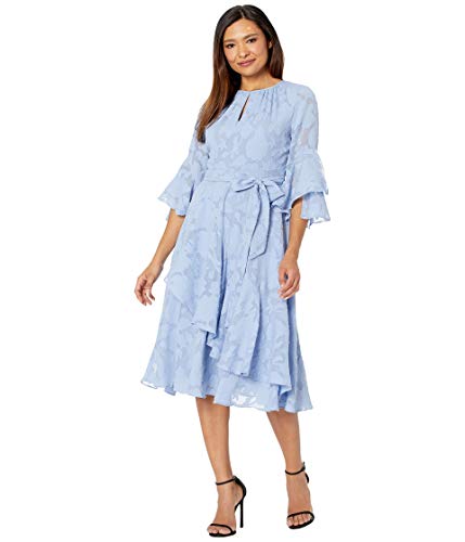 Tahari ASL Women's 3/4 Sleeve Ruched Keyhole Neck Ruffle Dress, Chambray Blue, 14