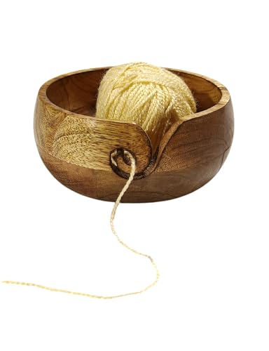 Image of Handmade Acacia Wood Yarn Bowl - Large Knitting & Crochet Holder for Tangle-Free Crafting - 6.5 inch x 3 inch (Walnut) - Gift for Knitters & Crocheters
