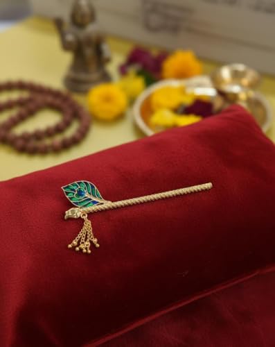 Image of Krishna Flute, Decorative Bansuri with Green Peacock Feather Pattern, Gold-Toned Metal for Laddu Gopal and Thakur Ji Idols