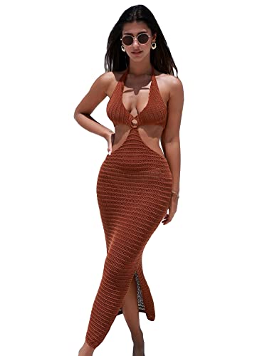 SheIn Women's Knitted Cut Out Cover Up Maxi Dress Split O SheIn Women's Knitted Cut Out Cover Up Maxi Dress Split O