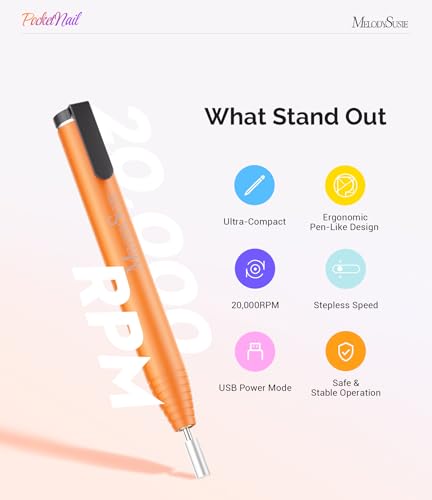 Image of MelodySusie PocketNail Slim Ergonomic Pen-Shaped USB Nail Drill, PC100G 20000RPM Portable Electric File for All Manicure, Pedicure Nail Care, Shaping & Gel Removal at Home for Beginners
