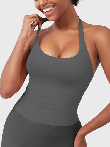 Image of YEOREO SoftHue Women's Impact Halter Tank Top Longline Backless Scoop Neck Built-in Bra Sports Workout Gym Crop Top