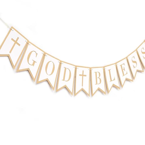 God Bless Banner - First Communion Baptism Christening Decor Double Layers God Bless Banner with Cross Baby Boy Girl Baptism Decorations