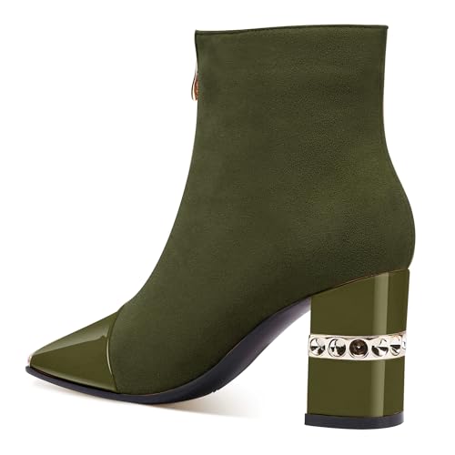 Image of XINIUNIU Women's Ankle Boots Block Chunky Heels Booties Metal Square Toe Suede Front Zipper 3 Inch Short Boot Dress