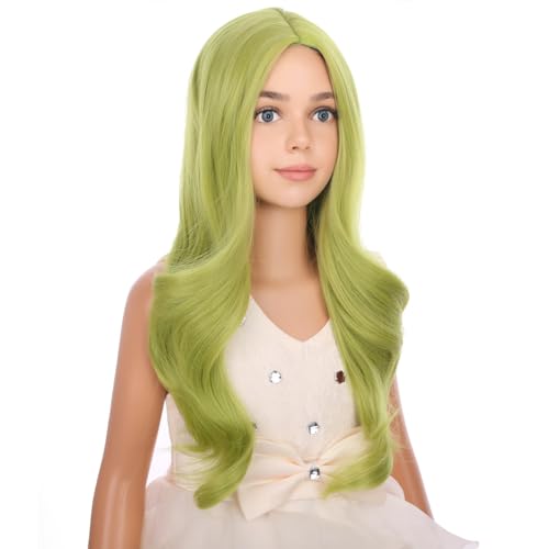 Image of PATTNIUM Kids Olive Green Wig Long Wavy Green Wig Matcha Green Wigs Middle Part Synthetic Wigs
