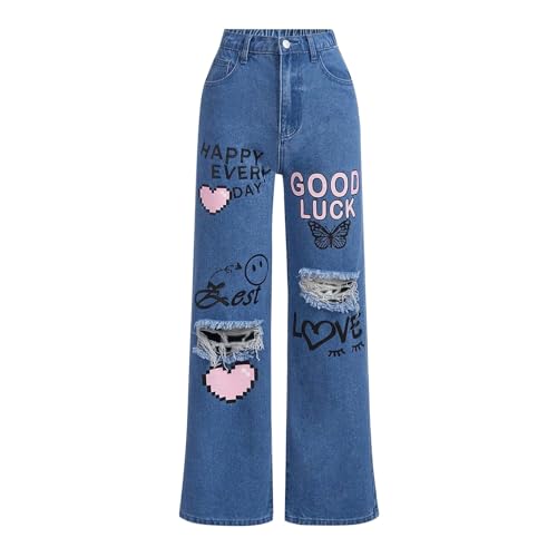 Girl's High Waisted Ripped Wide Leg Denim Pants Casual Loose Jeans Cute Heart Graphic Letter Printed Distressed Jeans
