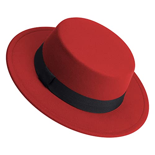 Image of Classic Fedora Hat Flat Top Hat Felt Pork Pie Hat Wide Brim Church Derby Cap for Women and Men