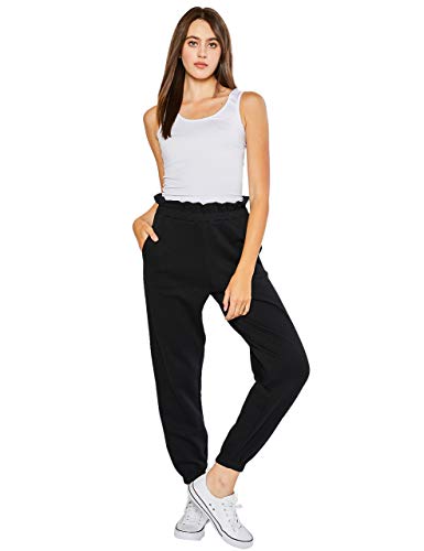 esstive Women\'s Ultra Soft Fleece Basic Midweight Casual Paper Bag Waist Band High Rise Joggers, Black, X-Small