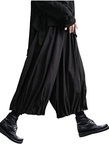 Aitfineism Men's Casual Skirt Pants Loose Wide Leg Harem Pant Japanese Harajuku Kimono Trousers (Large, Black 1) #TOP18