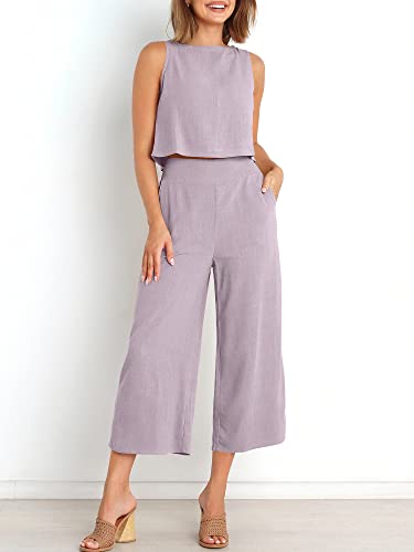 Image of ANRABESS Women's Summer 2 Piece Outfits Sleeveless Tank Crop Button Back Top Cropped Wide Leg Pants Set Pockets