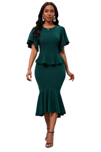 Image of Womens Summer Ruffle Short Sleeve Fishtail Dress Evening Cocktail Formal Peplum Midi Mermaid Dresses Elegant