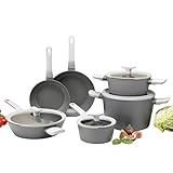BergHOFF Leo 10Pc Non-stick Ceramic Cookware Set With Glass Lid, Cast Aluminum, Non-toxic, CeraGreen Nonstick Coating, Stay-cool Handle, Induction Pots and Pans, Grey