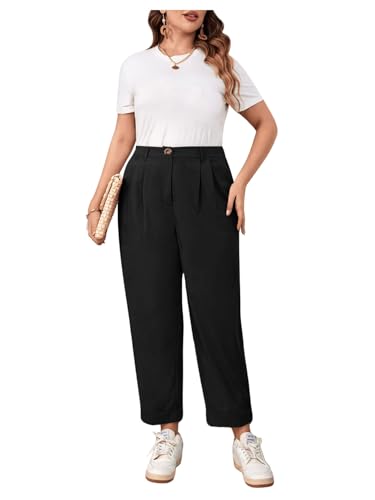 OYOANGLE Women's Plus Size Pleated High Waist Pants Tapered Cropped Office Trousers4