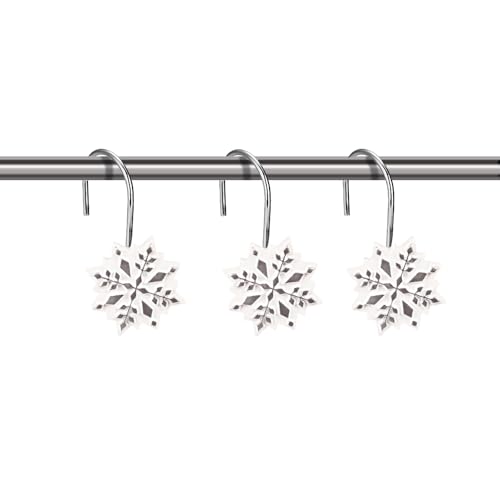 Snowflake Shower Curtain Hooks, 12 Pack White Shower Rings, Christmas Themed Shower Hooks for Winter Decor, Perfect for Bathrooms, Bedrooms, and Living Rooms
