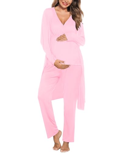 Image of SWOMOG Maternity Nursing Robe Set 3 Piece Postpartum Breastfeeding Pajamas 3 in 1 Hospital Labor Delivery Pregnancy Pjs