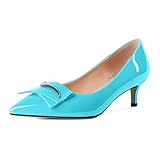 Younton Low Heels for Women Kitten Heel Pumps Closed Pointed Toe Slip On Low Stiletto Pumps Ladies Elegant Turquoise Dress Shoes 2 Inch Patent Leather US Size 8.5