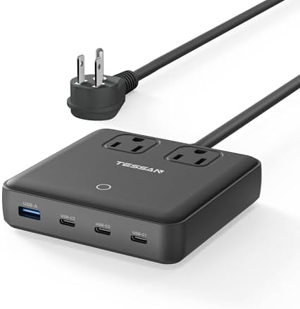 TESSAN USB C Charger Block, Fast Charging Station for Multiple Devices, PD 100W, 6-in-1 GaN Desktop Power Strip Compatible with iPhone 16/15, MacBook, 3 USB-C, 1 USB-A& 2 AC, for Home Office Travel