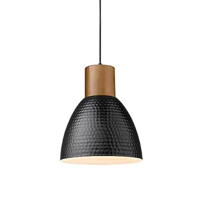ELYONA Industrial Hammered Pendant Light 7” Small Solid Wood Hanging Lamp with Hammered Metal Shade, Farmhouse Pendant Light Fixtures for Kitchen Island, Dining Room, Bedroom, Office, Modern Black