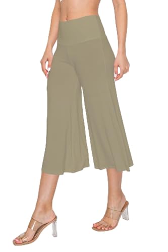 Women's Foldable High Waistband Wide Leg Flared Soft Stretchy Culotte Capri Pants S-XL