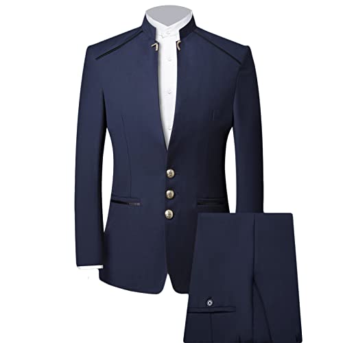 Men's 3 Pieces Vintage Suits Solid Slim Fit Formal Stand Collar Blazer Sets Business Wedding Jacket Vest Trousers